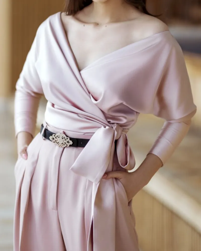 Satin Off Shoulder V-neck Bowknot Workwear Tops Shirts With Brooch