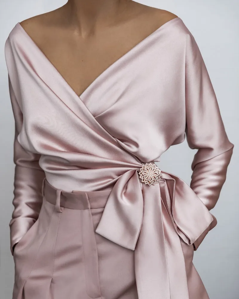 Satin Off Shoulder V-neck Bowknot Workwear Tops Shirts With Brooch