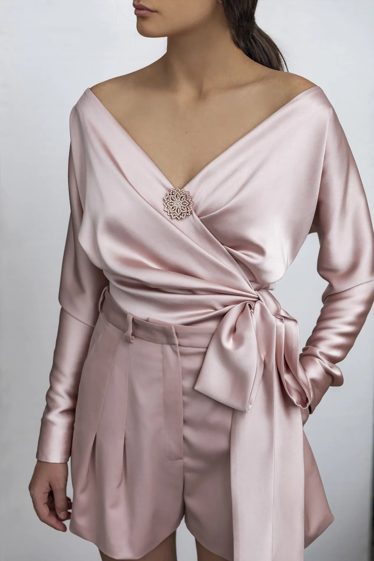 Satin Off Shoulder V-neck Bowknot Workwear Tops Shirts With Brooch