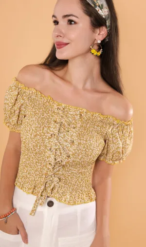 SEBBE Puff-Sleeve Lace-Up Top (Yellow)