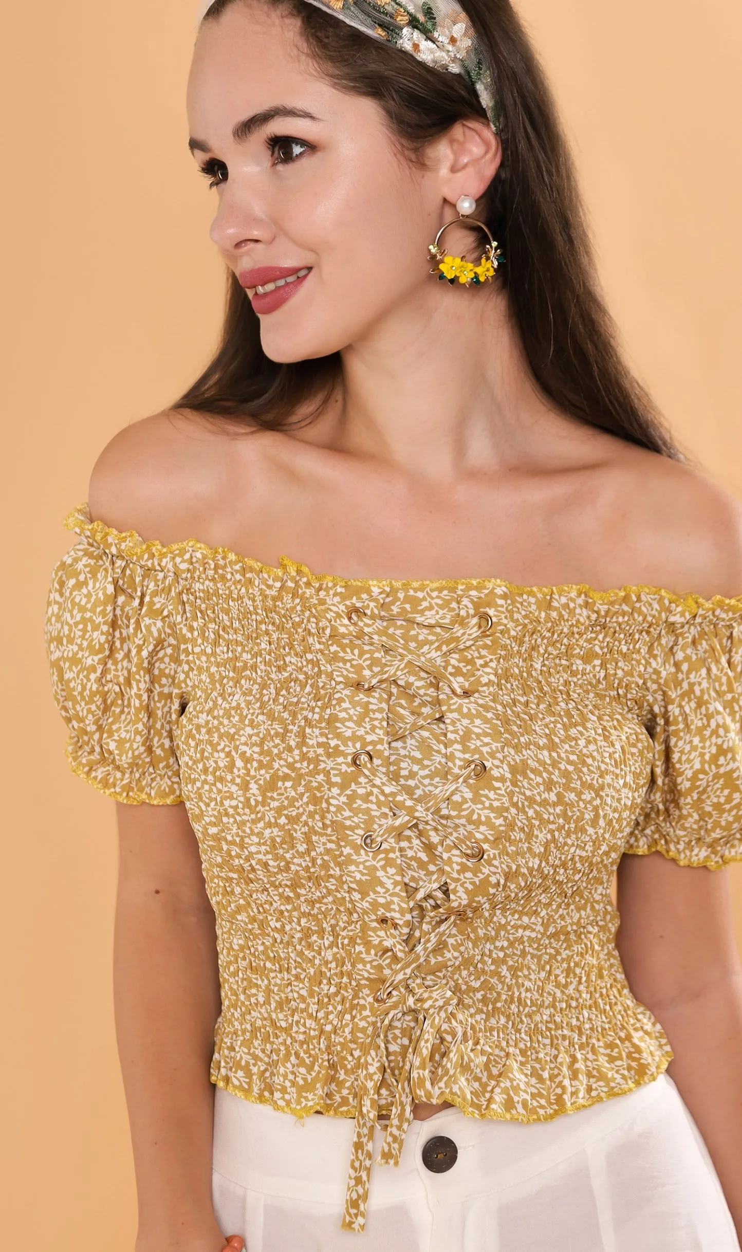 SEBBE Puff-Sleeve Lace-Up Top (Yellow)