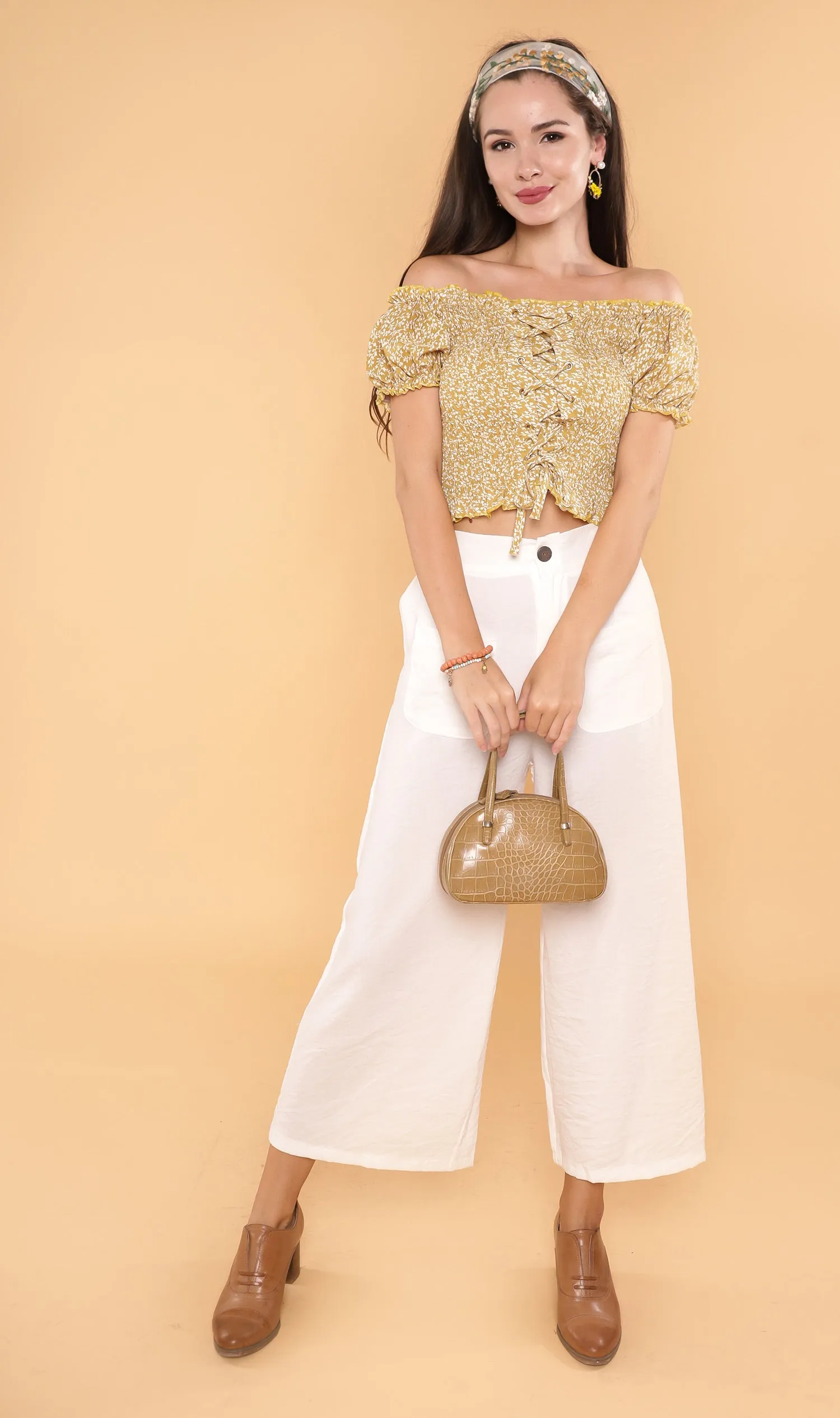 SEBBE Puff-Sleeve Lace-Up Top (Yellow)