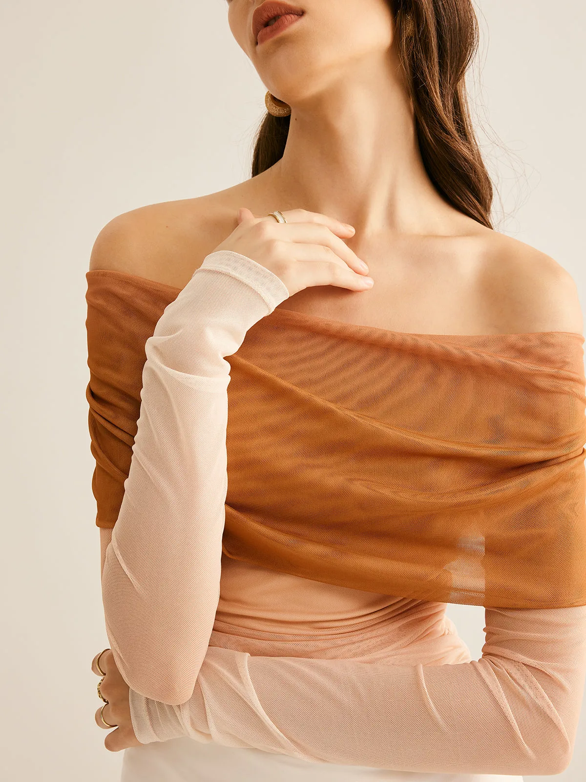 Semi-Sheer Off-Shoulder Mesh Gradient Blouse