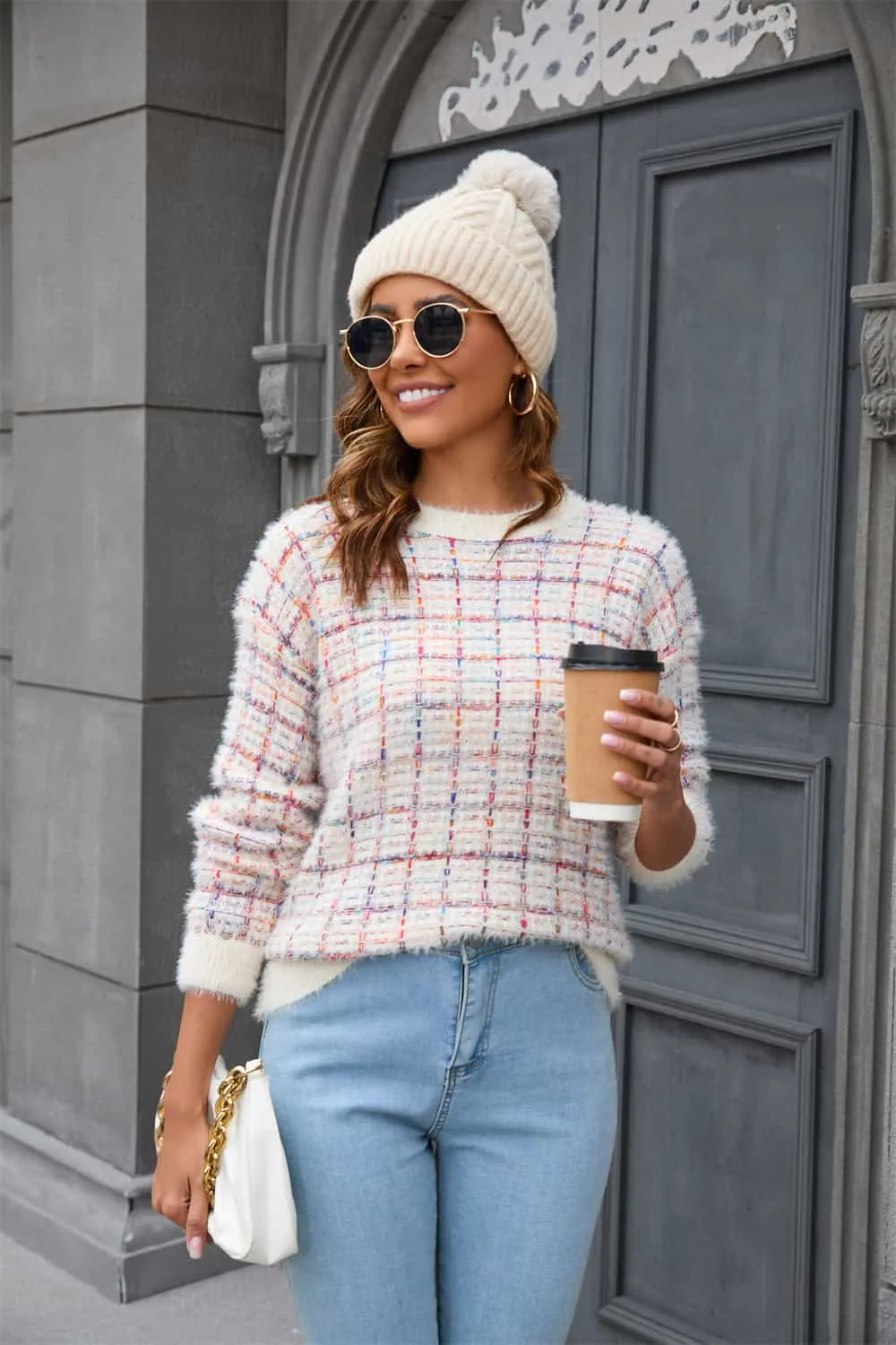 Seraphina Plaid Round Neck Long Sleeve Pullover Sweater