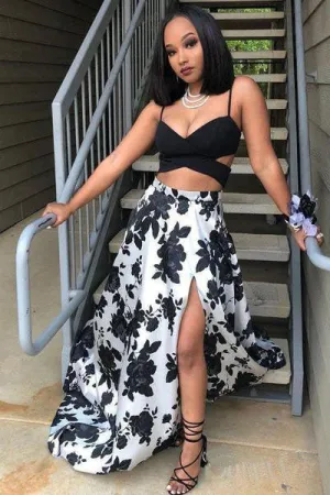 Sexy Black Floral Chiffon Two Pieces Sleeveless Long Slit Prom Dress Party Dress OHC390