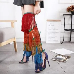 Sexy Rainbow Fringed Boots  Women Over the Knee Open Toe Buckles Side Ladies Back zipper Gladiator Mixed Color High Heel Boots