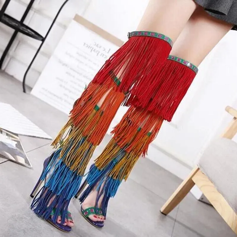 Sexy Rainbow Fringed Boots  Women Over the Knee Open Toe Buckles Side Ladies Back zipper Gladiator Mixed Color High Heel Boots