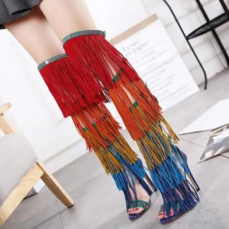Sexy Rainbow Fringed Boots  Women Over the Knee Open Toe Buckles Side Ladies Back zipper Gladiator Mixed Color High Heel Boots
