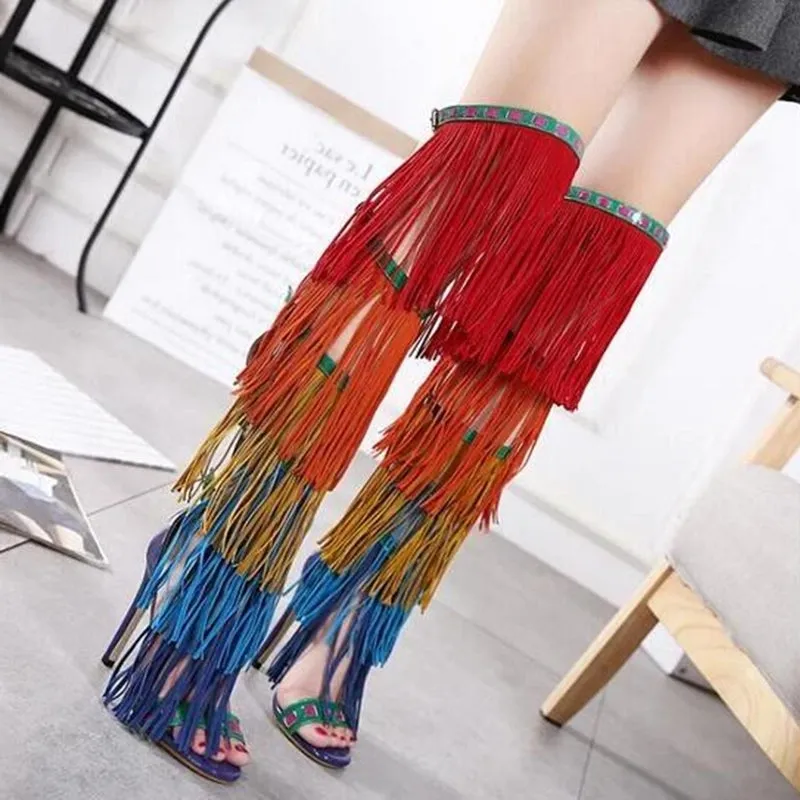 Sexy Rainbow Fringed Boots  Women Over the Knee Open Toe Buckles Side Ladies Back zipper Gladiator Mixed Color High Heel Boots