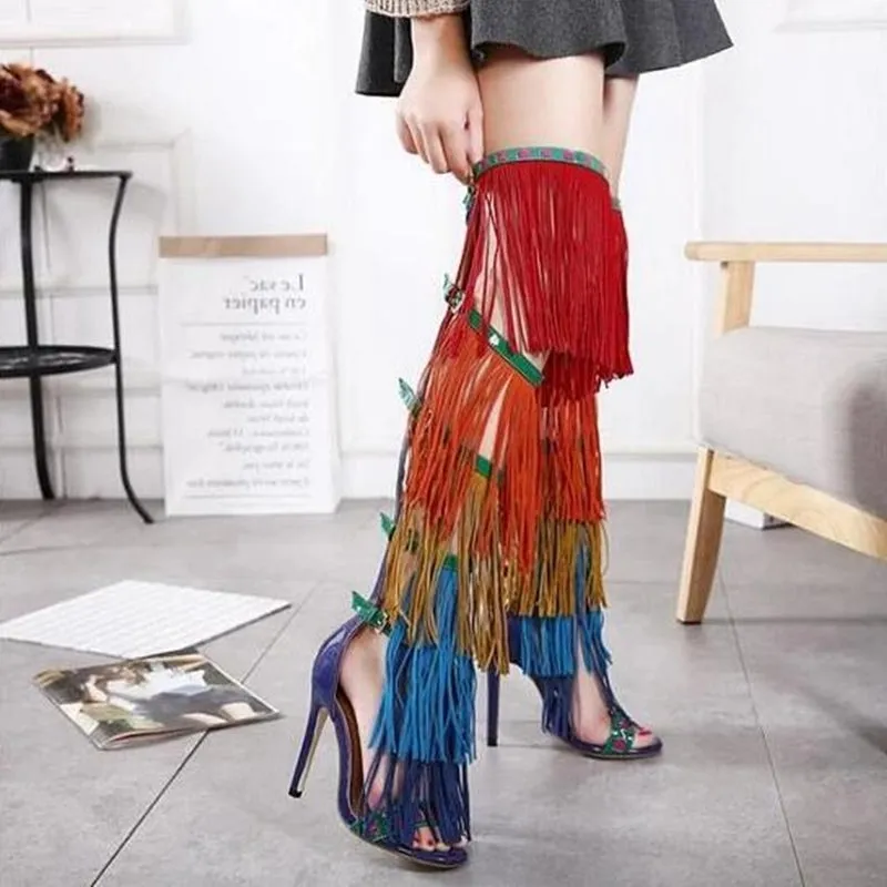 Sexy Rainbow Fringed Boots  Women Over the Knee Open Toe Buckles Side Ladies Back zipper Gladiator Mixed Color High Heel Boots