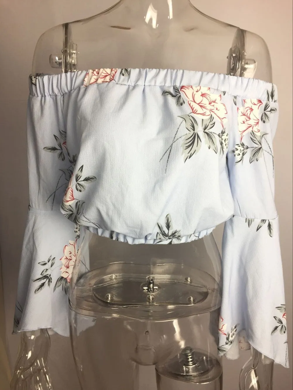 Sexy Word Collar Off-the-shoulder Trumpet Sleeve Short Print Blouses