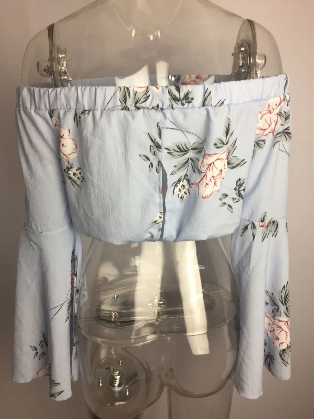 Sexy Word Collar Off-the-shoulder Trumpet Sleeve Short Print Blouses