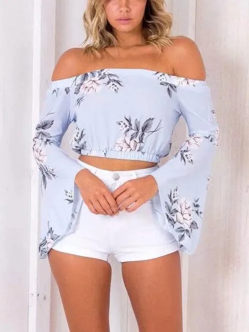 Sexy Word Collar Off-the-shoulder Trumpet Sleeve Short Print Blouses