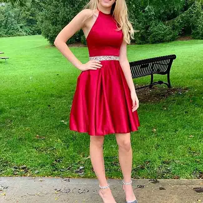 Short Prom Dress Halter Homecoming Dresses with Pockets Satin Cocktail Dress