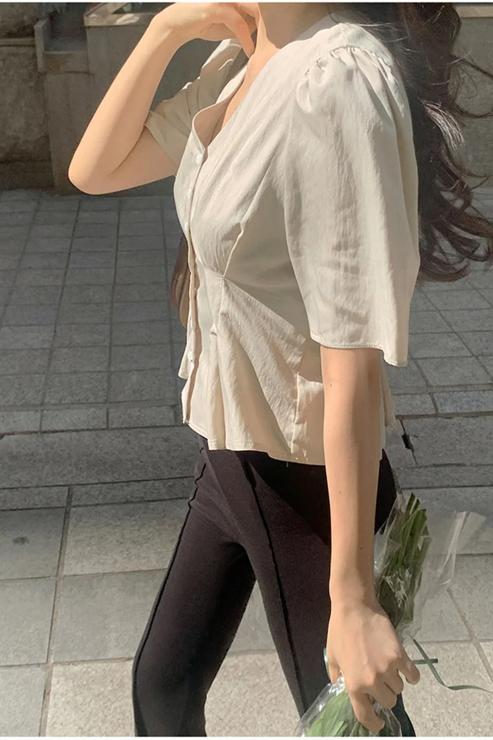 Short Sleeve V-Neck Ruffle Blouse Shirts