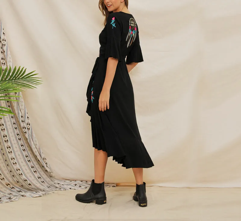 Short-sleeved Embroidered Ruffled Boho Dress