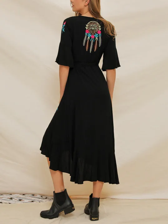Short-sleeved Embroidered Ruffled Boho Dress