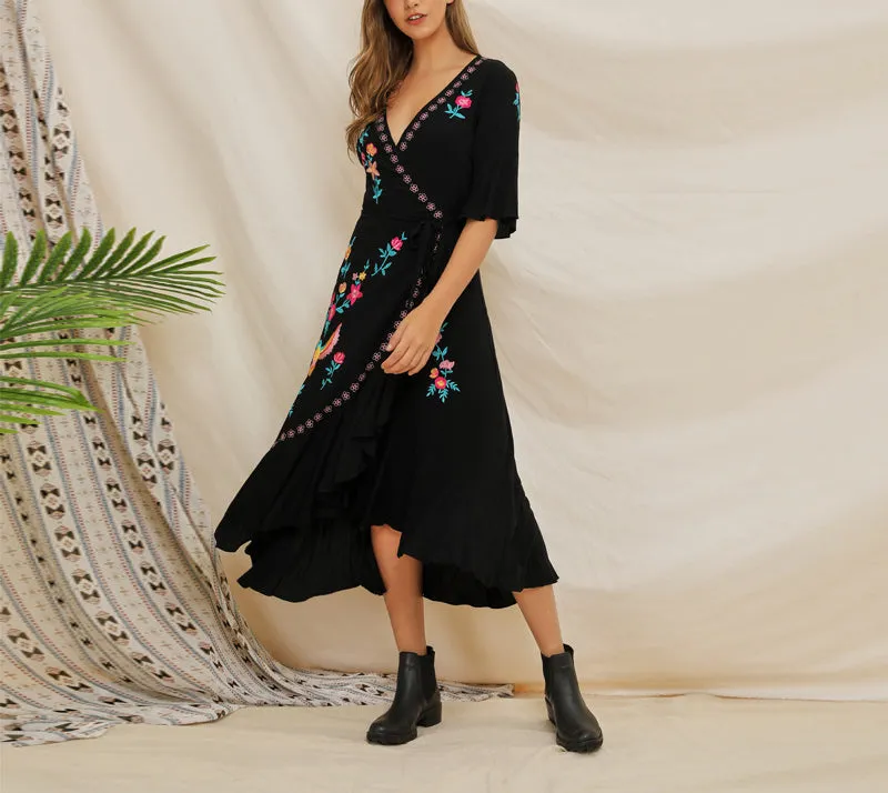 Short-sleeved Embroidered Ruffled Boho Dress