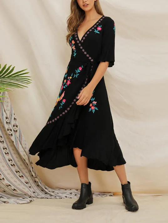 Short-sleeved Embroidered Ruffled Boho Dress