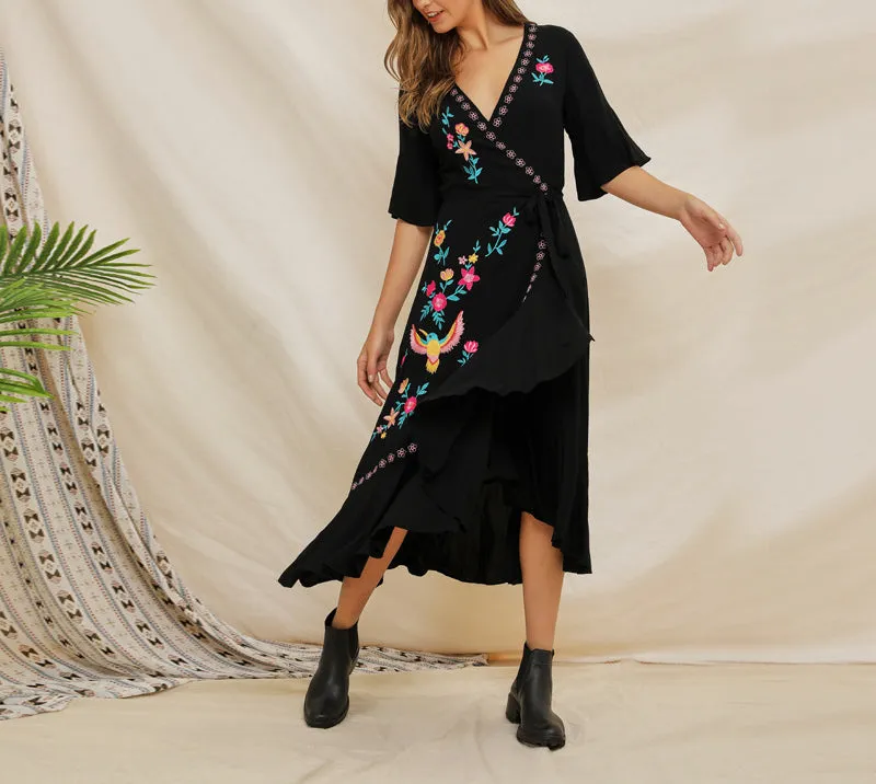 Short-sleeved Embroidered Ruffled Boho Dress