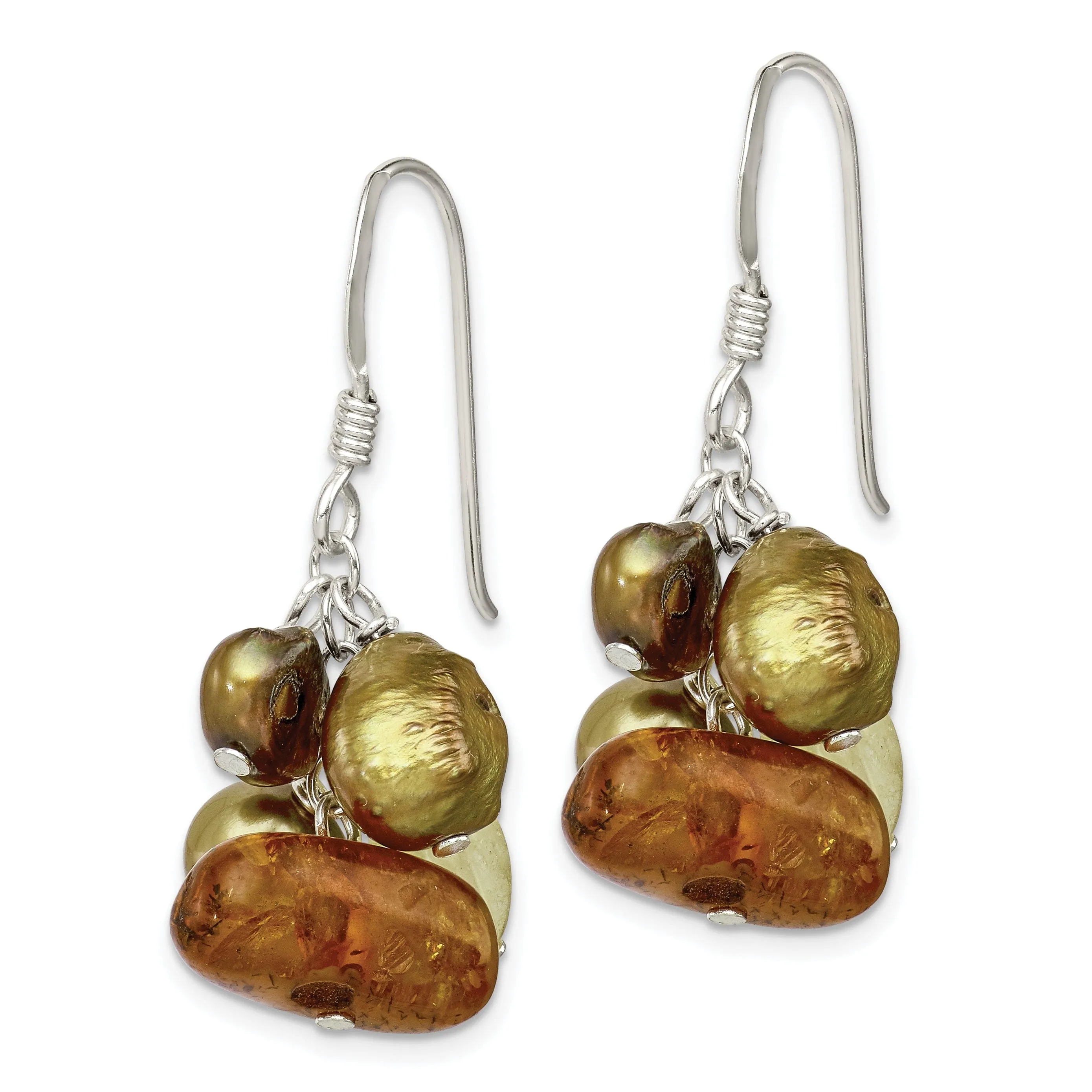 Silver Amber Citrine Pearl Dangle Earrings