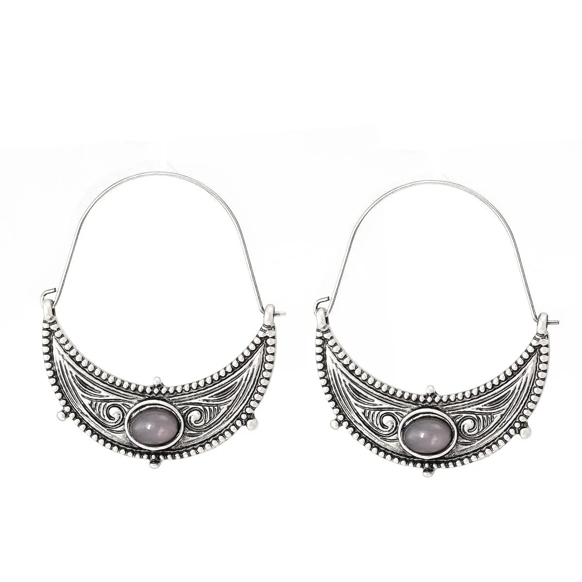 SILVER AND GREY STONE HOOP EARRINGS #SWKK-1574 SIL (MC10)