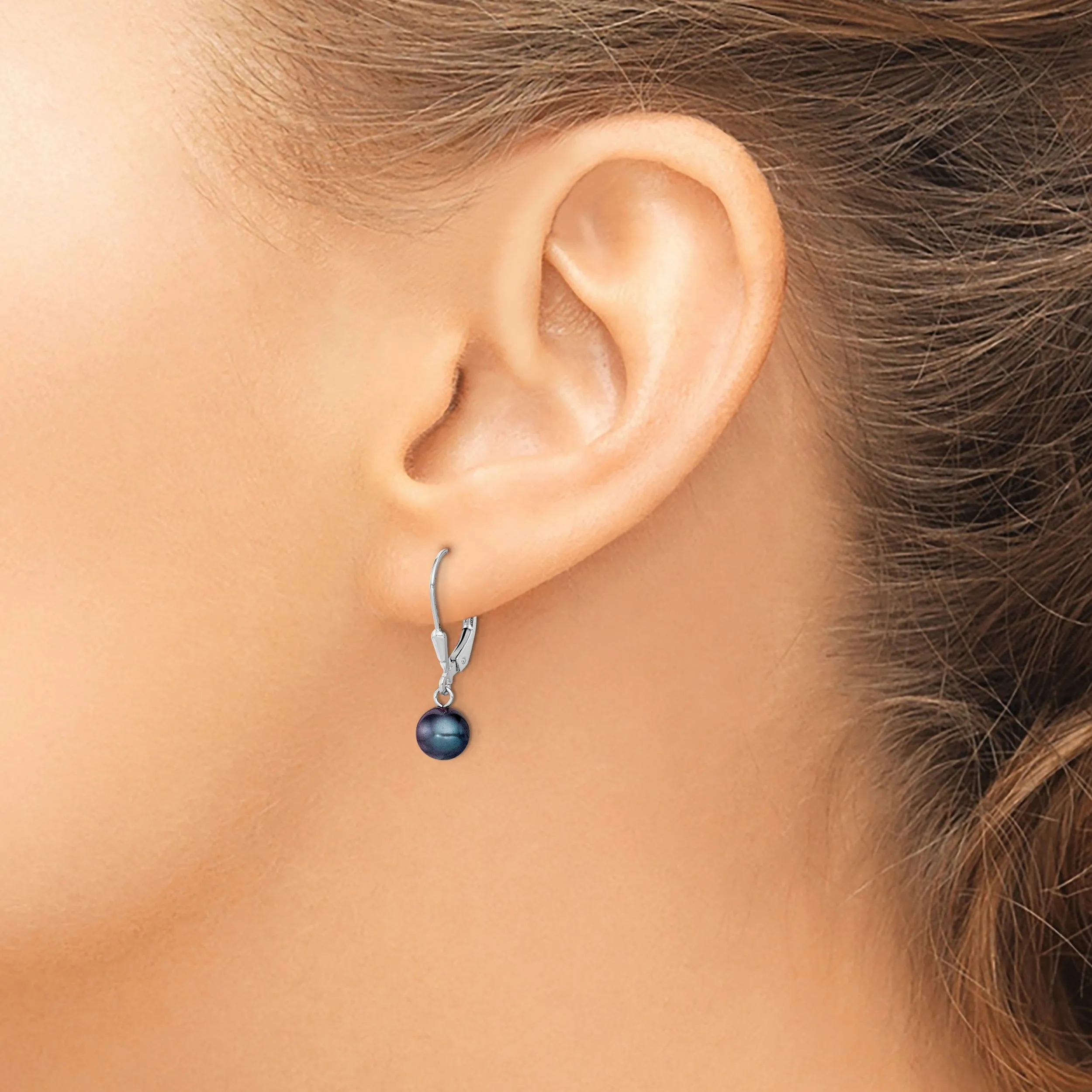 Silver Black Pearl Dangle Leverback Earrings