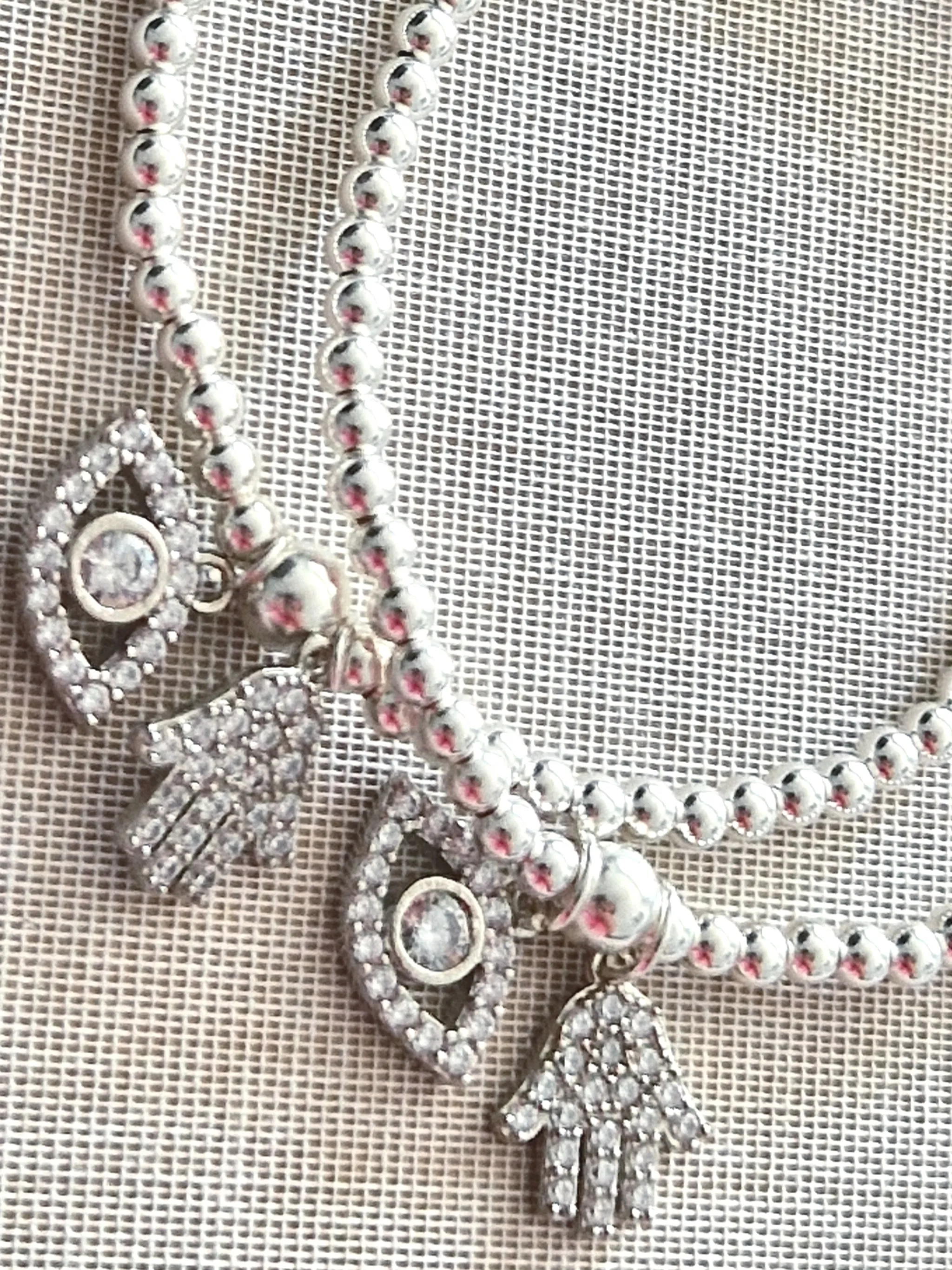 Silver Bobble Bracelet - Crystal  'Hamsa' & 'Eye' Charms