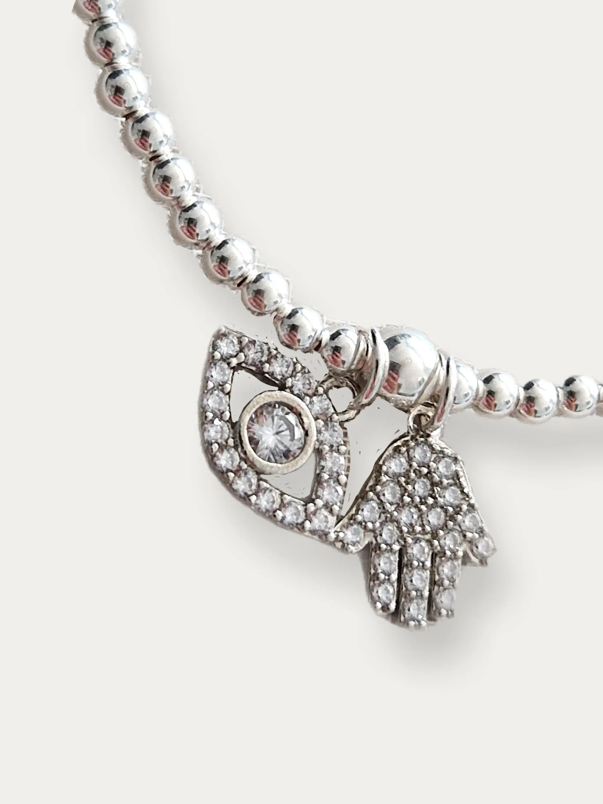 Silver Bobble Bracelet - Crystal  'Hamsa' & 'Eye' Charms