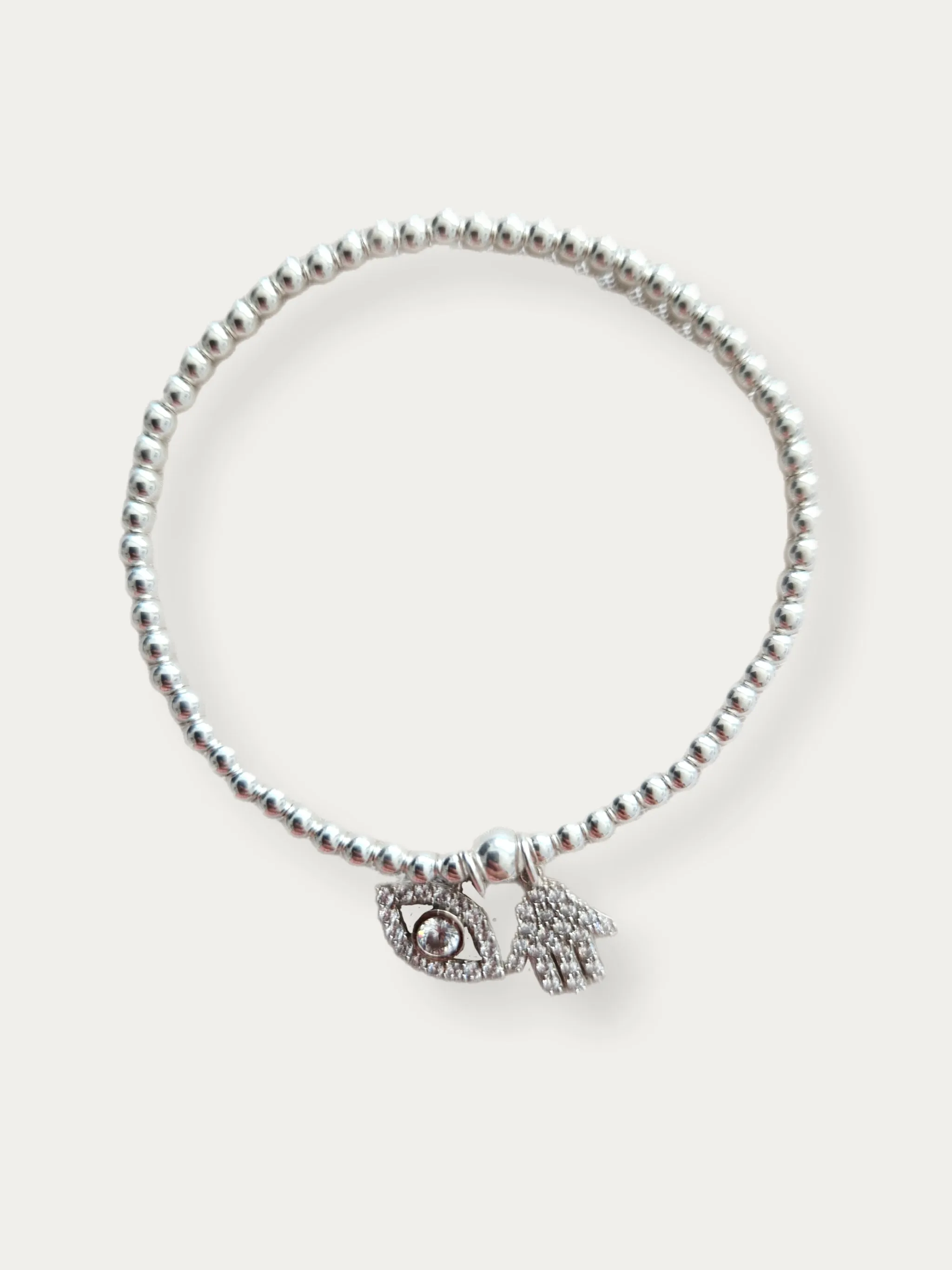 Silver Bobble Bracelet - Crystal  'Hamsa' & 'Eye' Charms