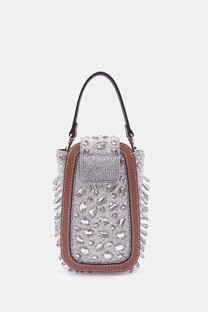 Silver Clutch Bag  with Detachable Leather Crossbody Sling