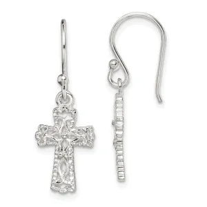 Silver Cross Fish Inset Dangle Earrings