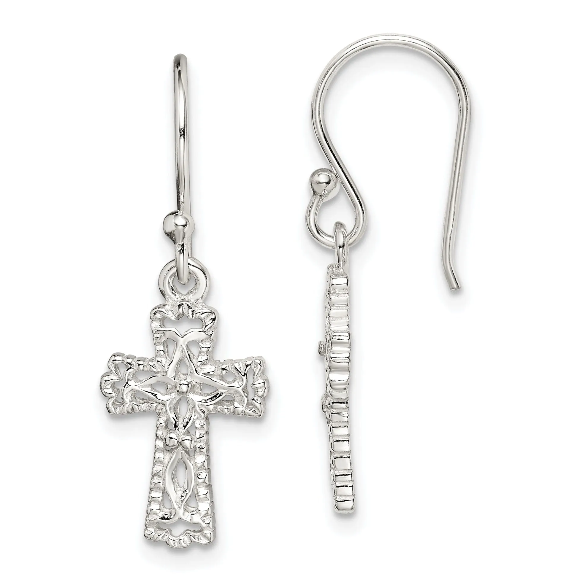 Silver Cross Fish Inset Dangle Earrings