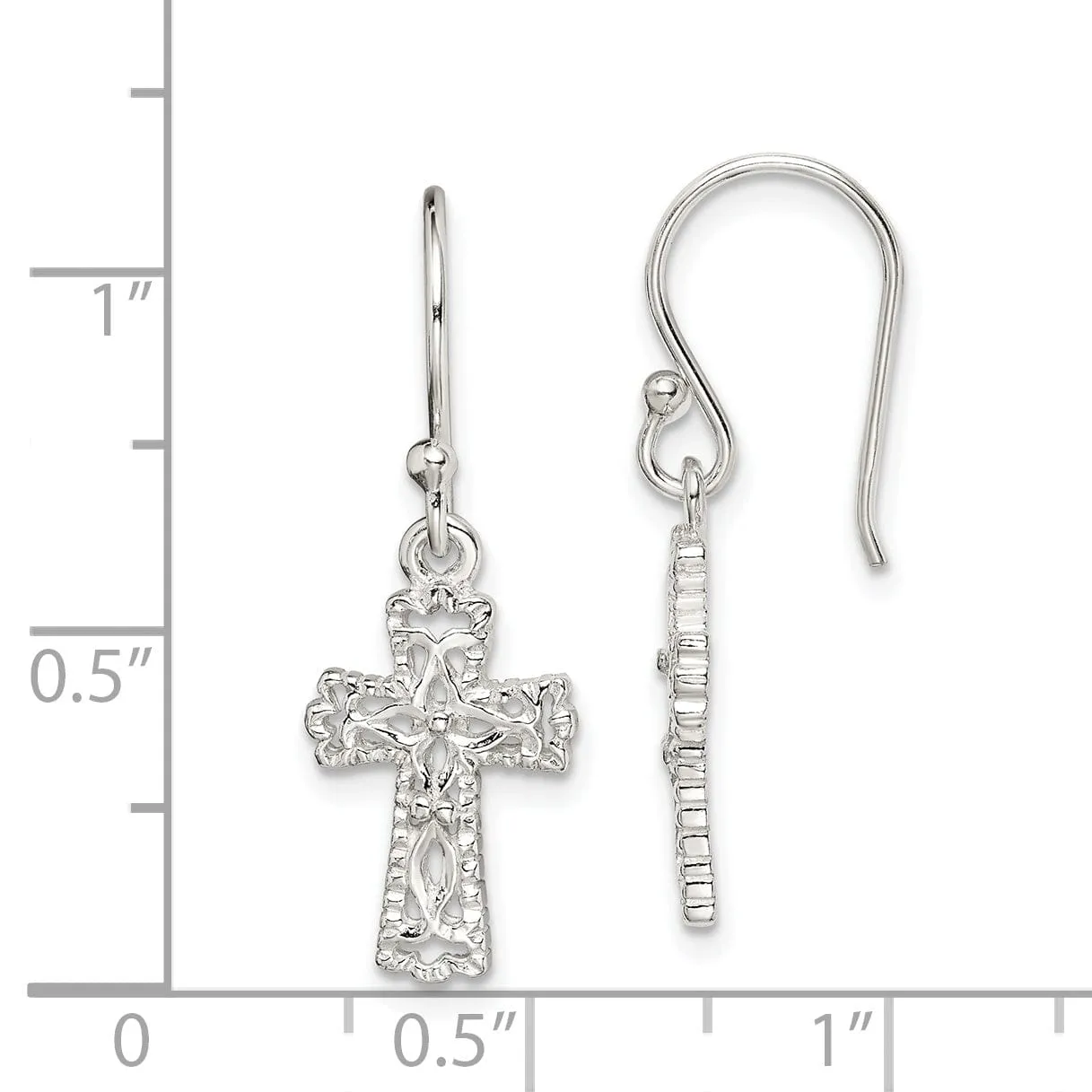 Silver Cross Fish Inset Dangle Earrings