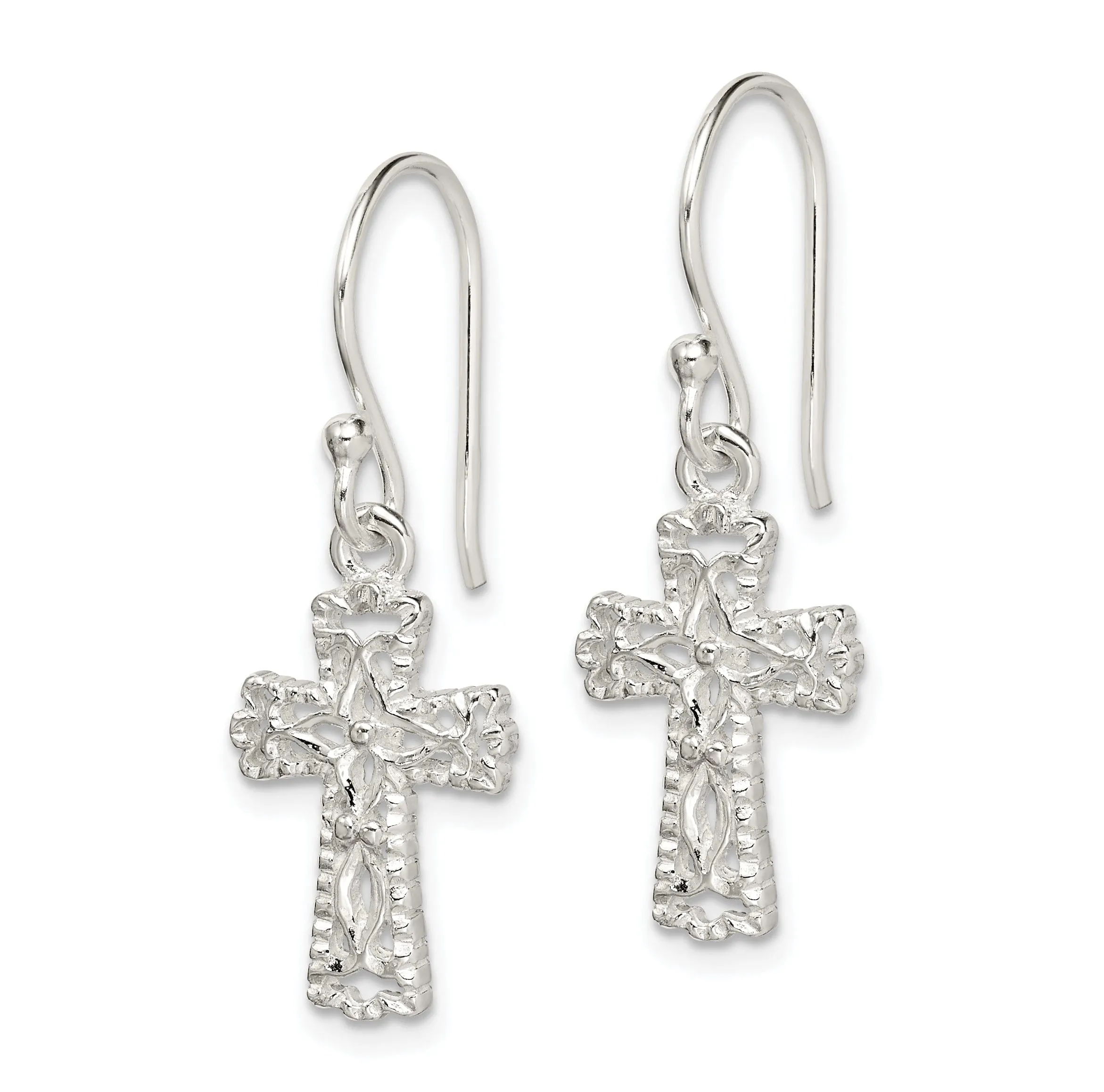 Silver Cross Fish Inset Dangle Earrings