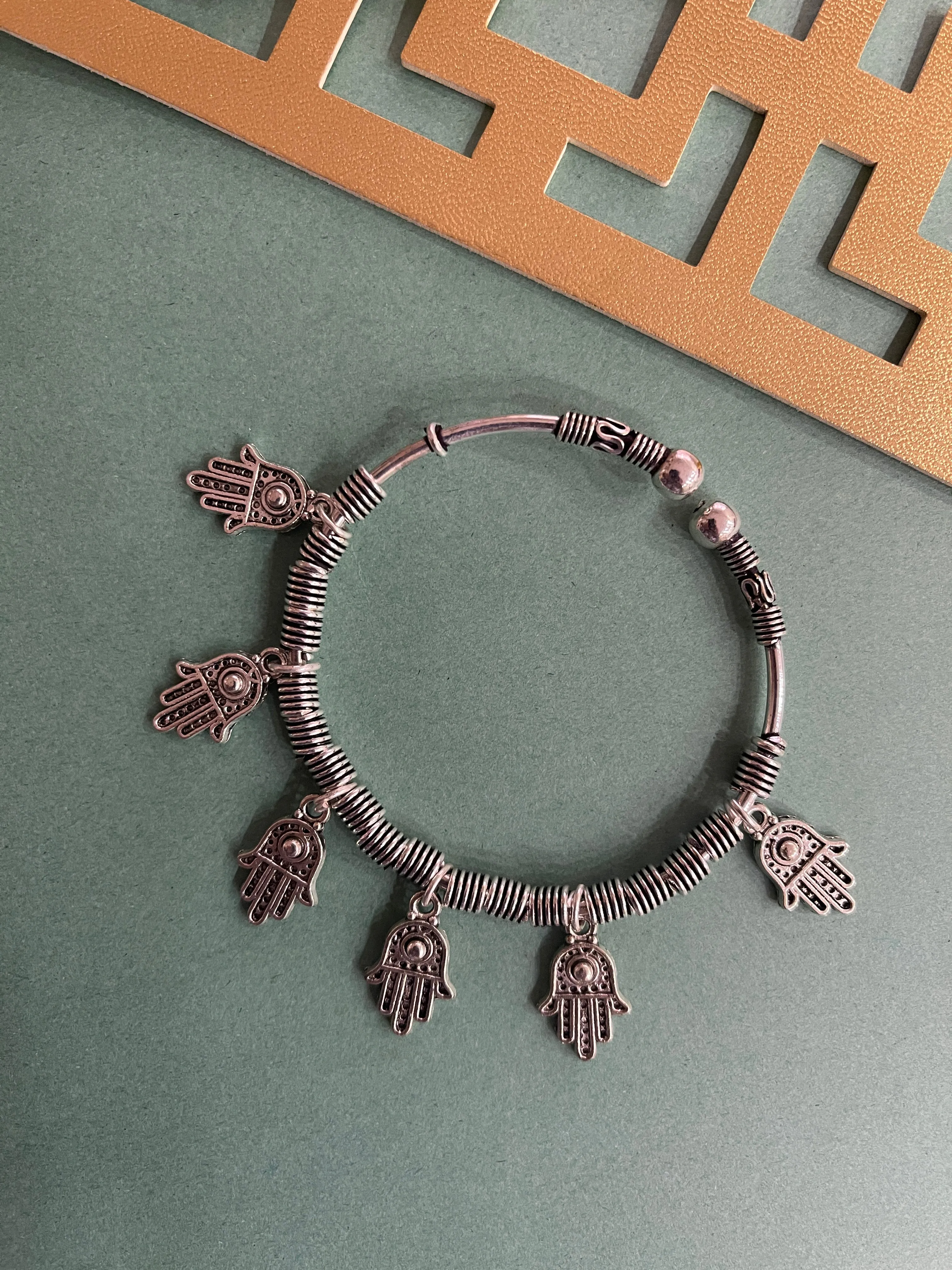 Silver Handcrafted Hamsa Charm Bangle