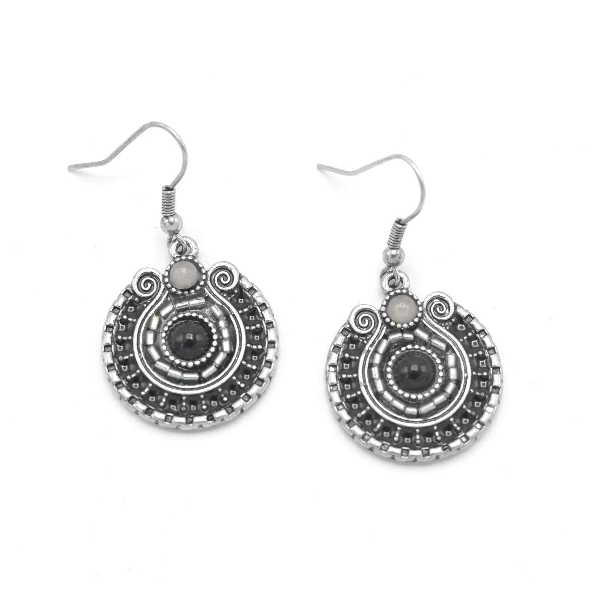 SILVER OXIDIZE ROUND DISK WITH  BEAD EARRINGS#SE25049SLGRY