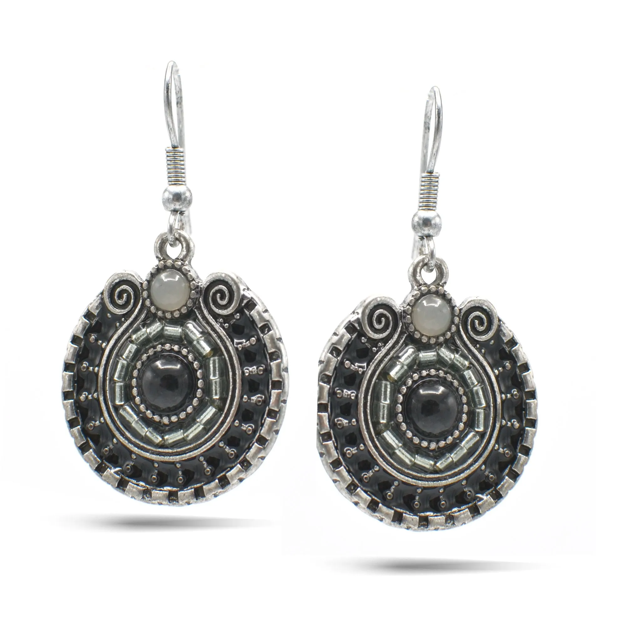 SILVER OXIDIZE ROUND DISK WITH  BEAD EARRINGS#SE25049SLGRY