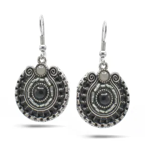 SILVER OXIDIZE ROUND DISK WITH  BEAD EARRINGS#SE25049SLGRY
