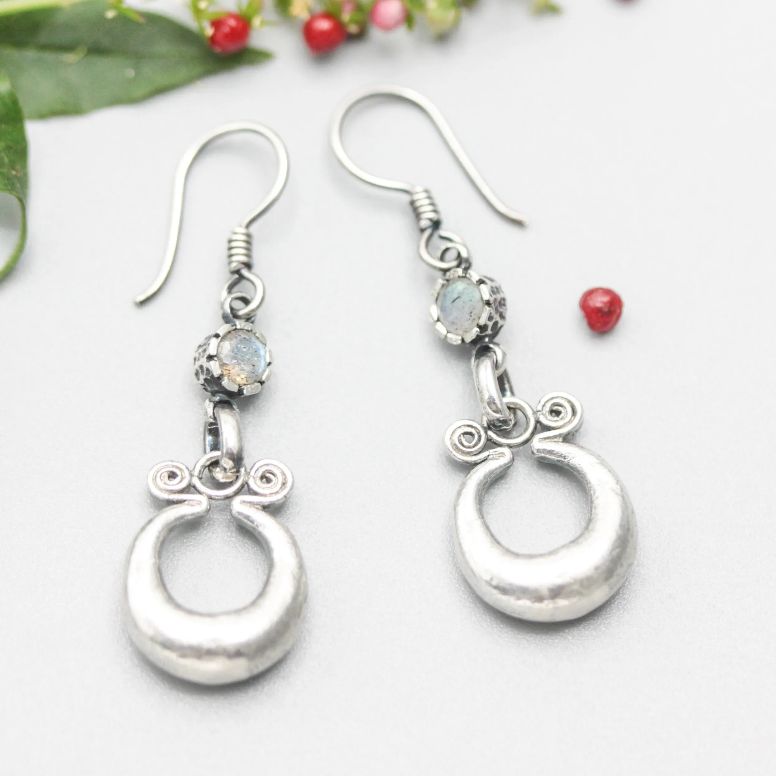Silver pot luck coin earrings with Labradorite gemstone and hooks style on the top
