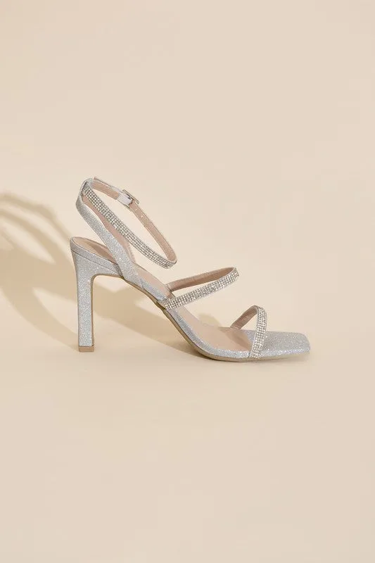 Silver Rhinestone Strappy 4" High Heel Sandals