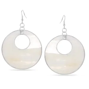 SILVER-TONE METAL WHITE MOTHER OF PEARL CIRCLE  EARRING #FW-E139-S/W (OD20/Showroom)