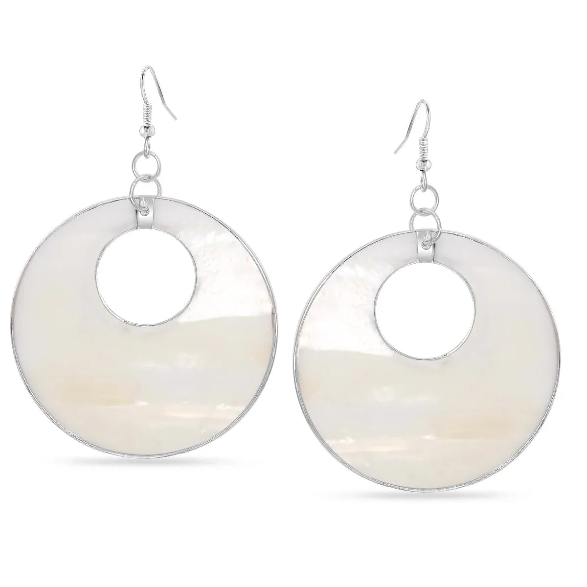 SILVER-TONE METAL WHITE MOTHER OF PEARL CIRCLE  EARRING #FW-E139-S/W (OD20/Showroom)