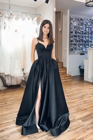 Simple A Line Spaghetti Straps Side Slit Sleeveless Long Black Satin Prom Dress OHC354