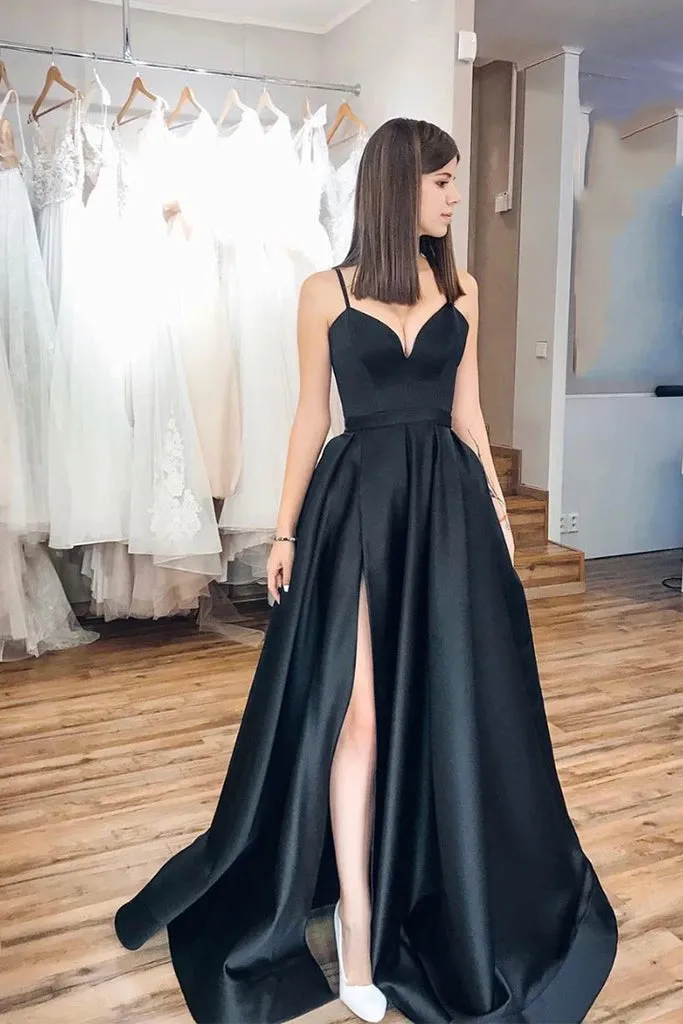Simple A Line Spaghetti Straps Side Slit Sleeveless Long Black Satin Prom Dress OHC354
