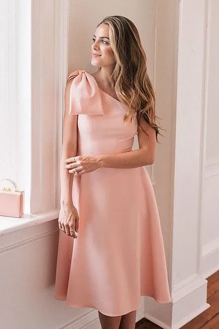 Single Shoulder Bridesmaid Dress Pink Bow Sash