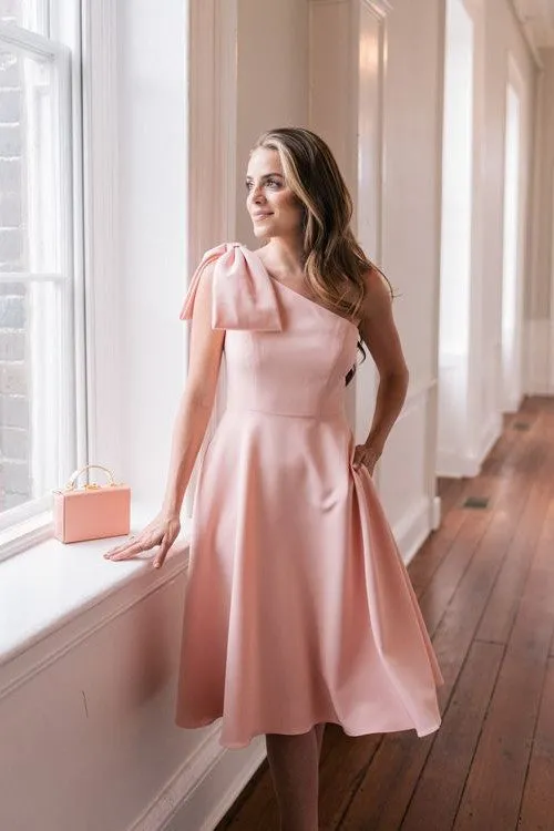 Single Shoulder Bridesmaid Dress Pink Bow Sash