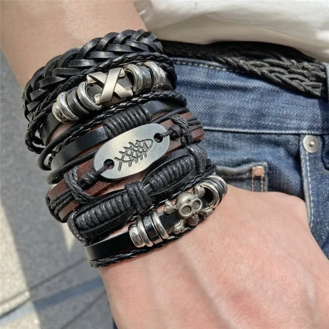 Six Piece Set of Gothic Punk Skull Star Metal Multilayer Leather Bracelets