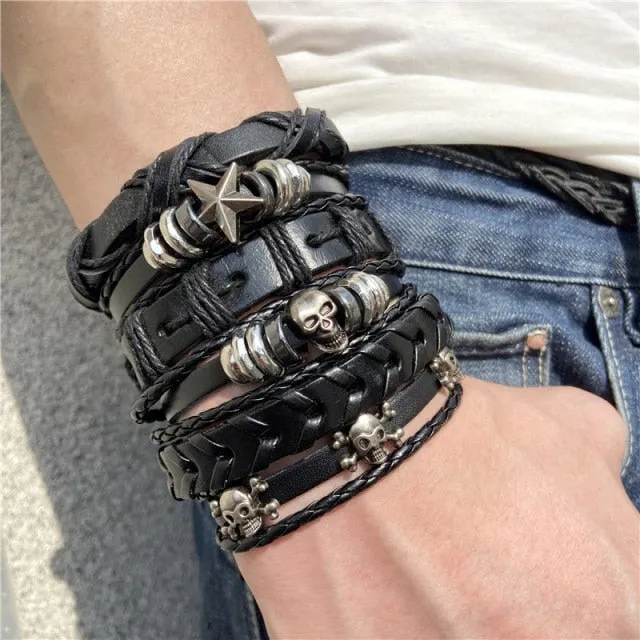 Six Piece Set of Gothic Punk Skull Star Metal Multilayer Leather Bracelets