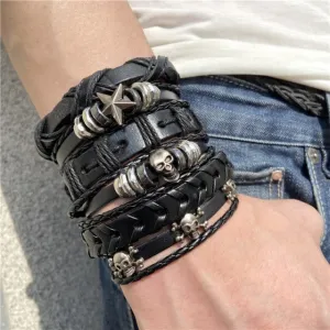 Six Piece Set of Gothic Punk Skull Star Metal Multilayer Leather Bracelets